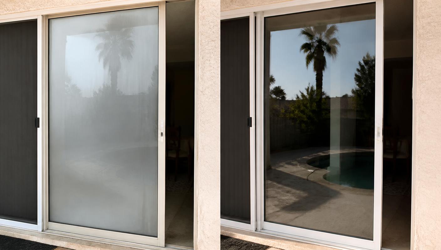 Before and after of a sliding glass door panel in Delray Beach: left shows cloudy fogged glass from a failed seal, right shows clear new insulated glass reflecting the pool and palms