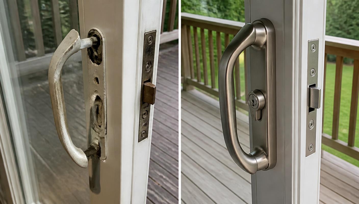 Before and after of sliding door hardware in Jupiter: left shows a cracked white handle and rusted mortise lock keeper, right shows a new brushed nickel handle set with keyed lock and clean keeper plate