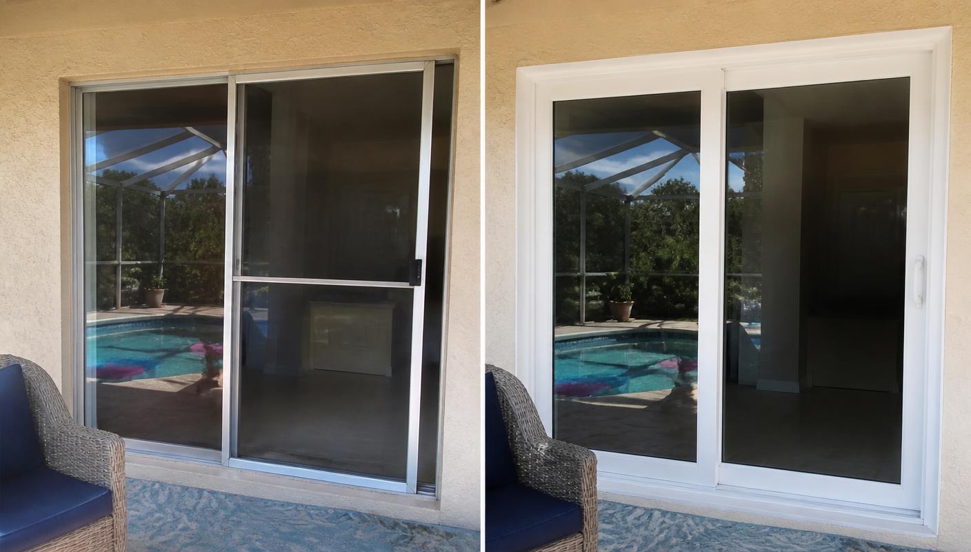 Before and after of a patio opening in Boca Raton: left shows an old scratched aluminum sliding door, right shows a new white sliding glass door with clean trim and seals