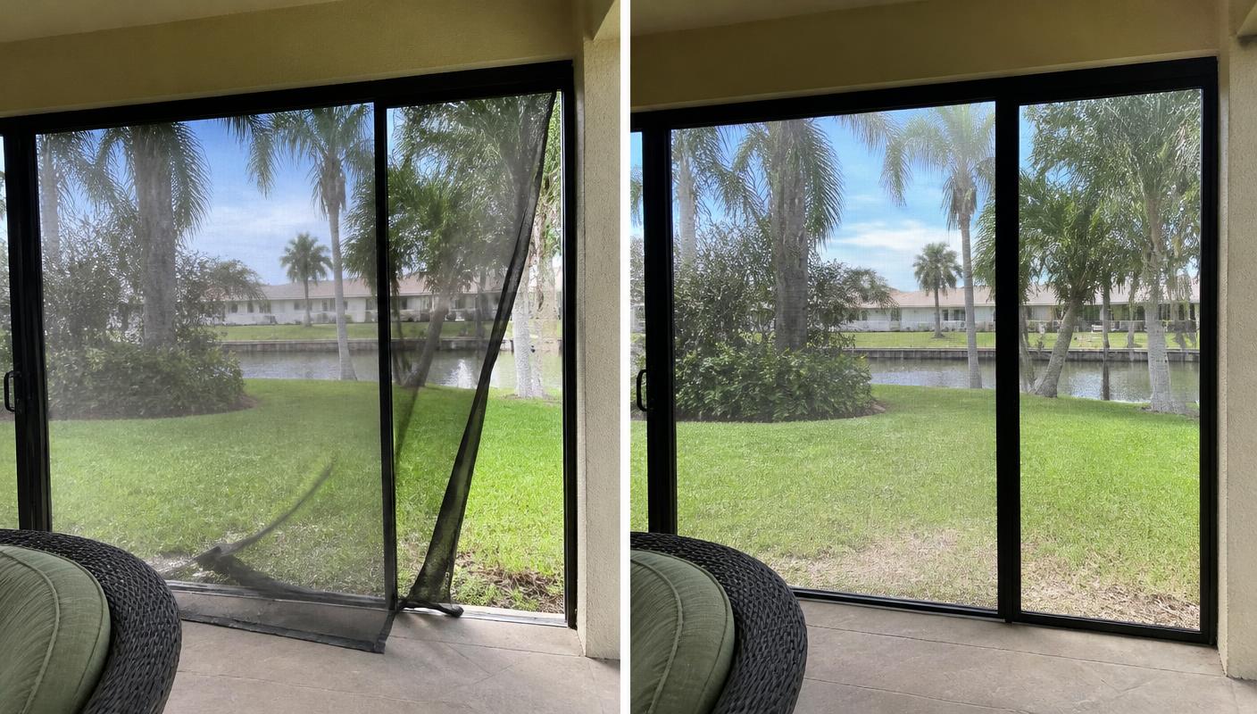 Before and after of a sliding screen door on a Boynton Beach lanai: left shows sagging torn mesh pulled from the frame, right shows a new tight screen door with a straight frame
