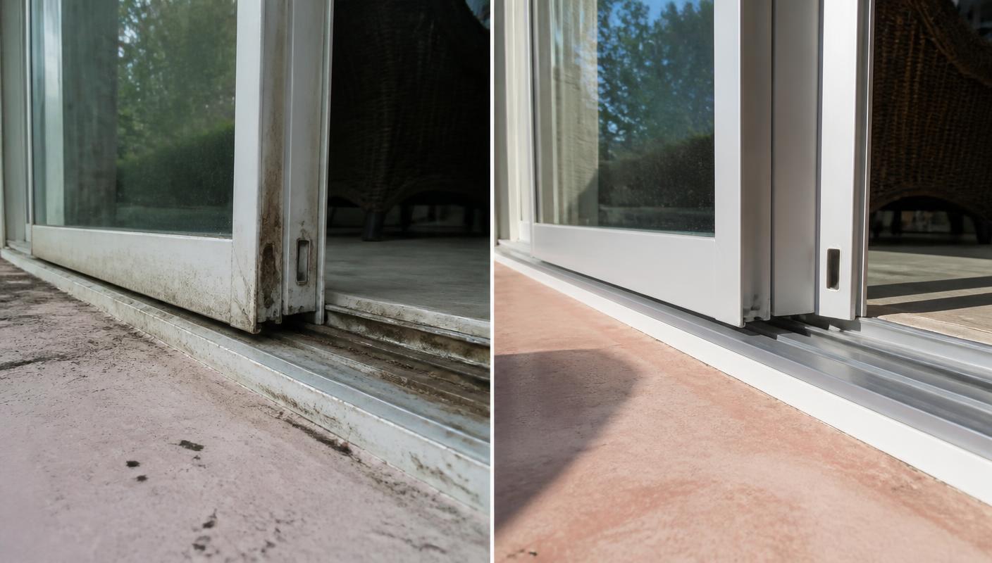 Before and after of a sliding glass door bottom track in West Palm Beach: left shows a dirty corroded track and grimy frame, right shows the same track capped with new aluminum and clean rollers installed